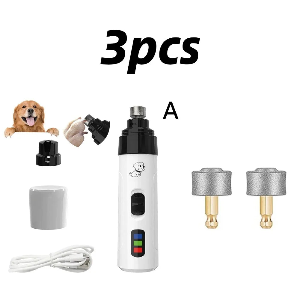 Three pieces of a quiet rechargeable pet nail grinder for dogs and cats, including the main unit and accessories.