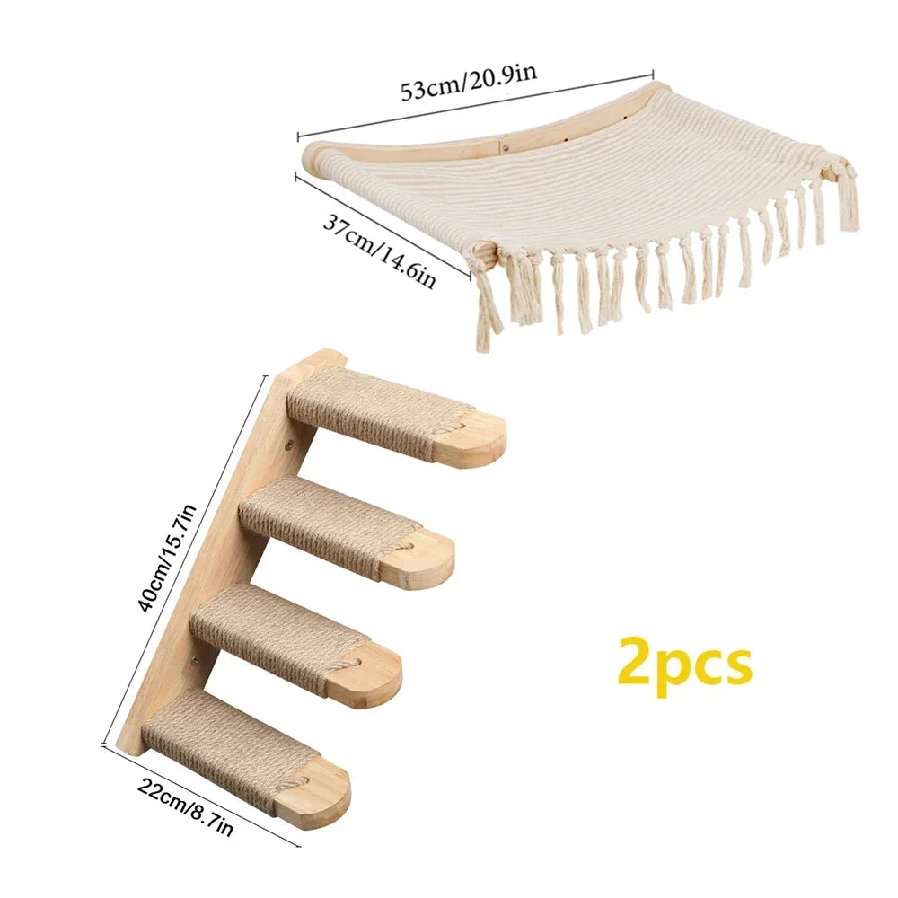 Wall mounted cat climbing shelf and bridge with natural fiber rope fringe