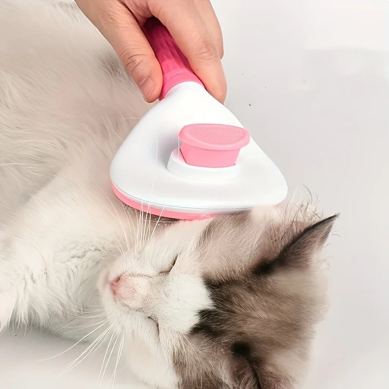 Eine Hand benutzt eine rosa und weiße Pflegekomd auf dem Kopf einer schlafenden grau-weißen Katze.
