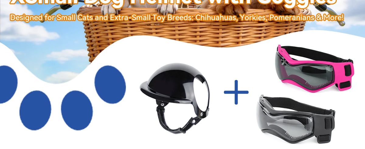 A set of black pet safety helmet and goggles for dogs and cats