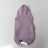 A light purple cozy fleece dog sweatshirt with a hood and pocket featuring a white dog face design.