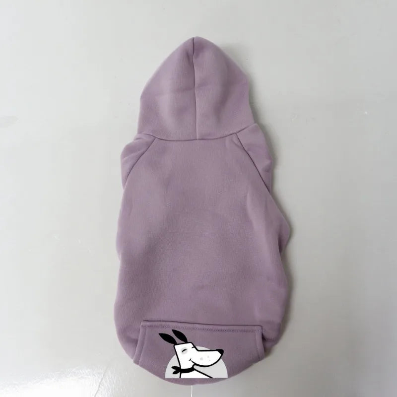 A light purple cozy fleece dog sweatshirt with a hood and pocket featuring a white dog face design.