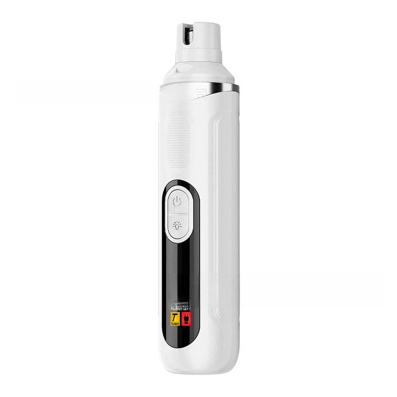 A white pet nail grinder with a silver cap and an LED display showing three speed settings.