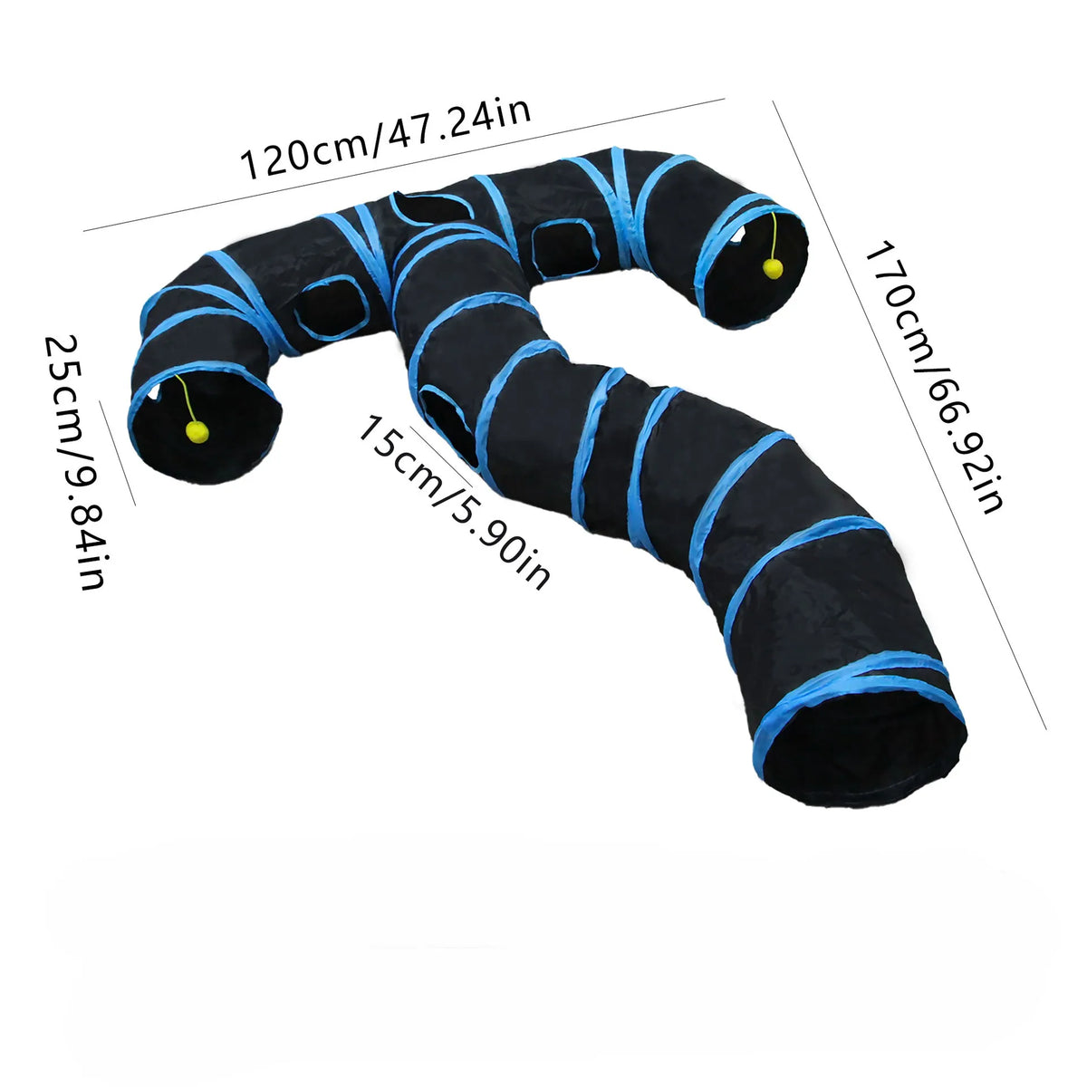 Black and blue foldable cat play tunnel for indoor exercise with dimensions 120cm long.
