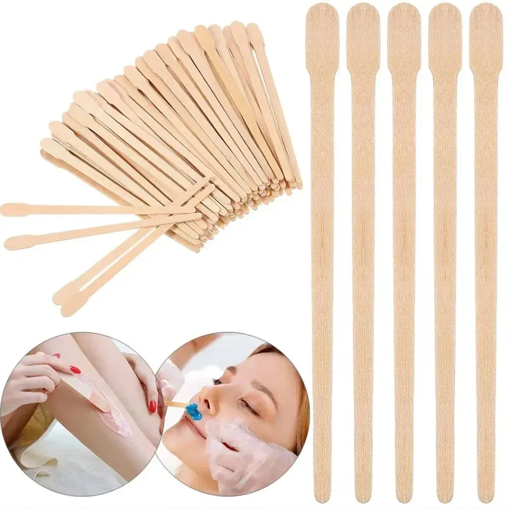 Set of disposable wooden hair removal sticks and facial pads next to skin.