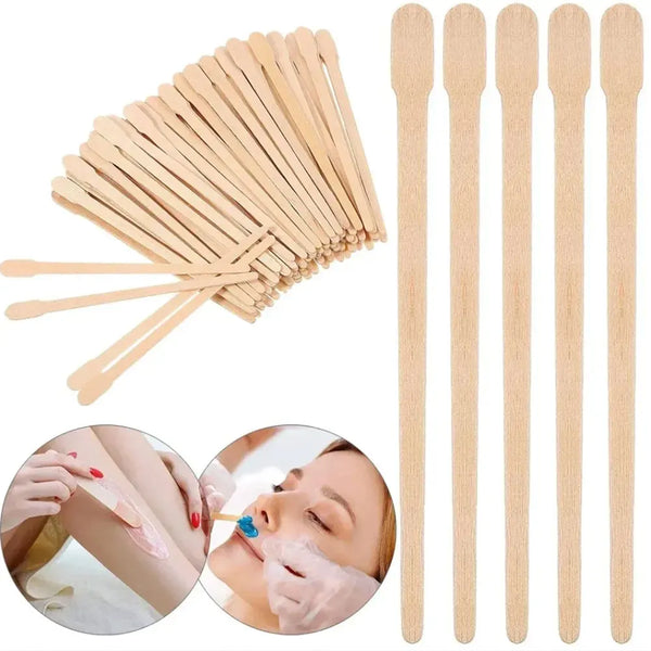 A set of disposable wooden hair removal sticks and facial pads shown alongside a person's skin.