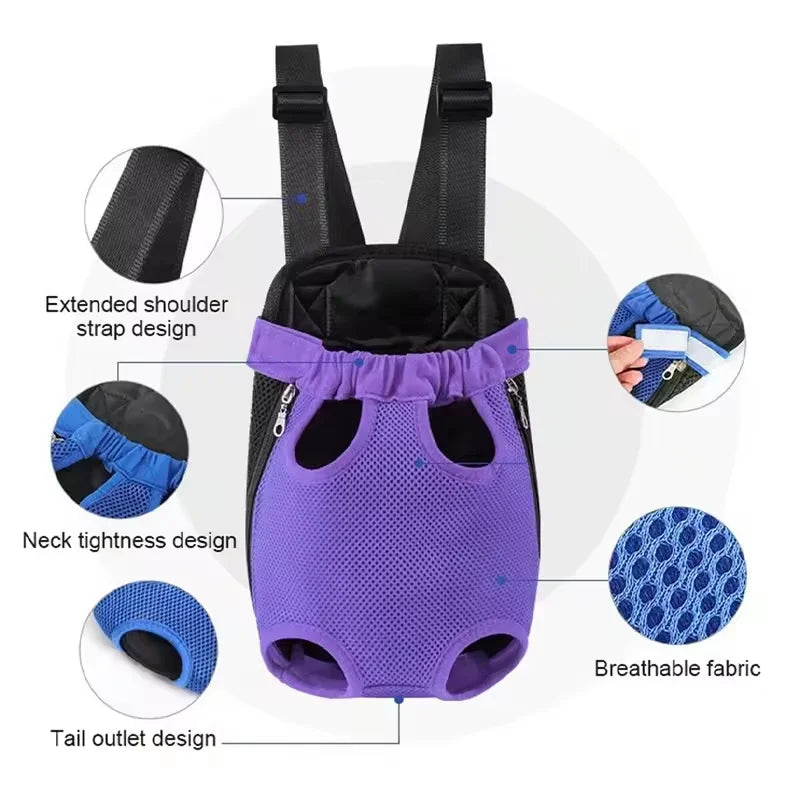 Purple breathable mesh pet carrier backpack showing various design features like extended shoulder straps and tail outlet