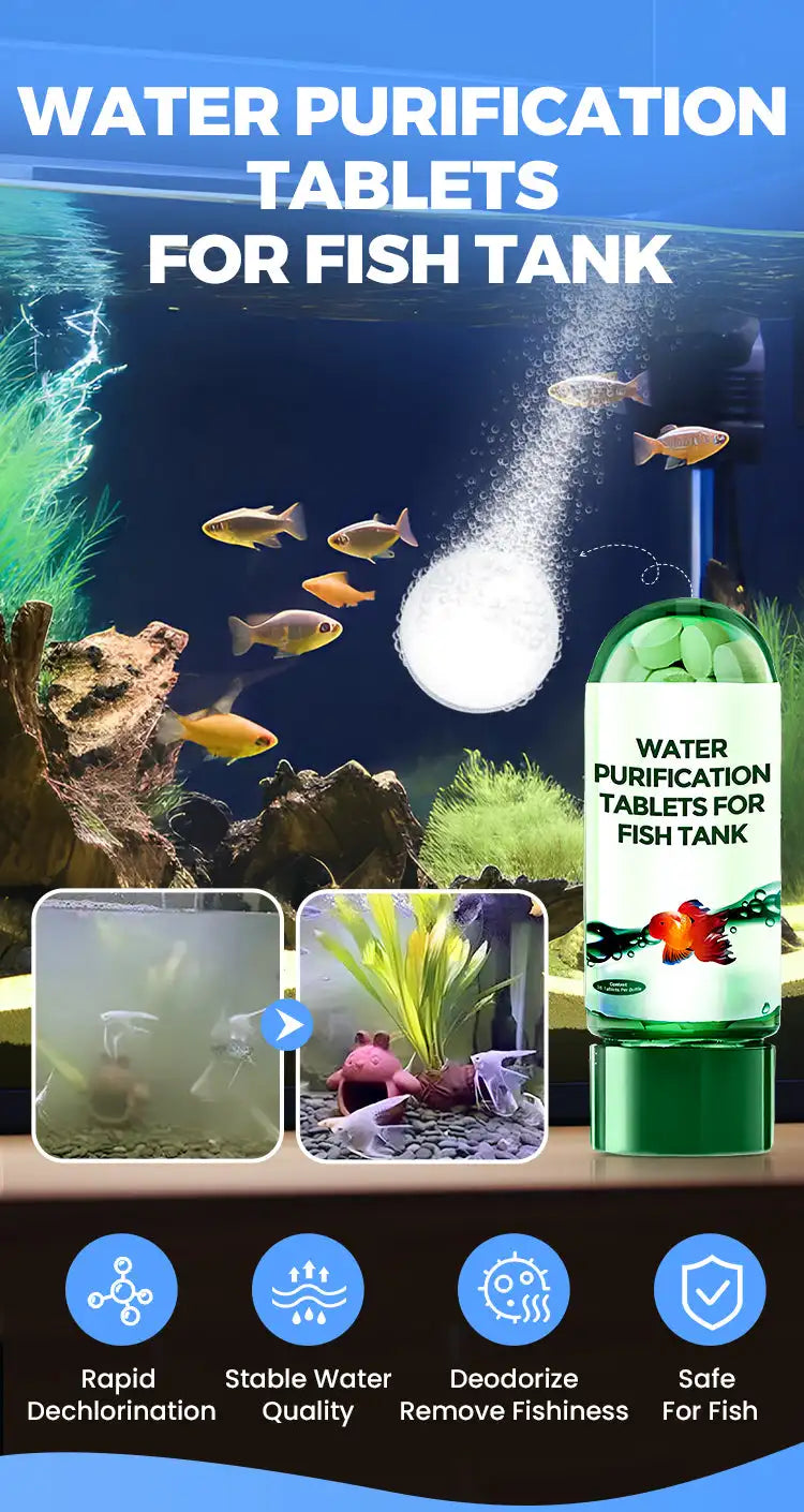Green bottle of water purification tablets for fish tank with text describing rapid dechlorination, stable water quality, deo