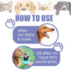 Diagram showing how to use natural pet dental spray on teeth and gums or in a pet's water bowl