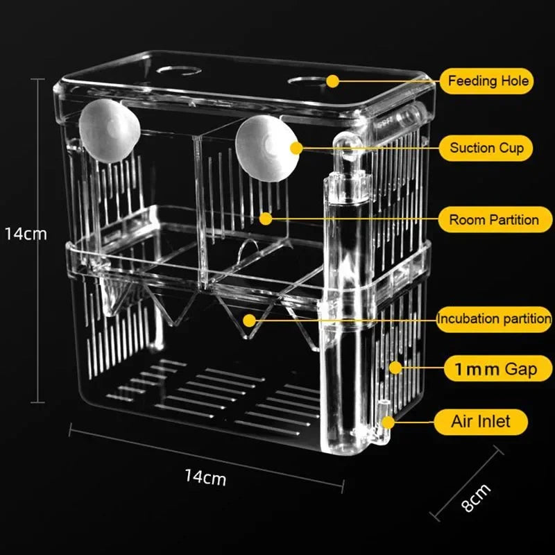 Clear acrylic fish breeding isolation box with feeding hole, suction cup, room partition, incubation partition, 1mm gap, and 