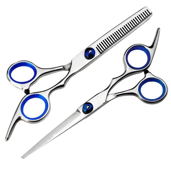A pair of professional stainless steel hairdressing scissors with blue accents.