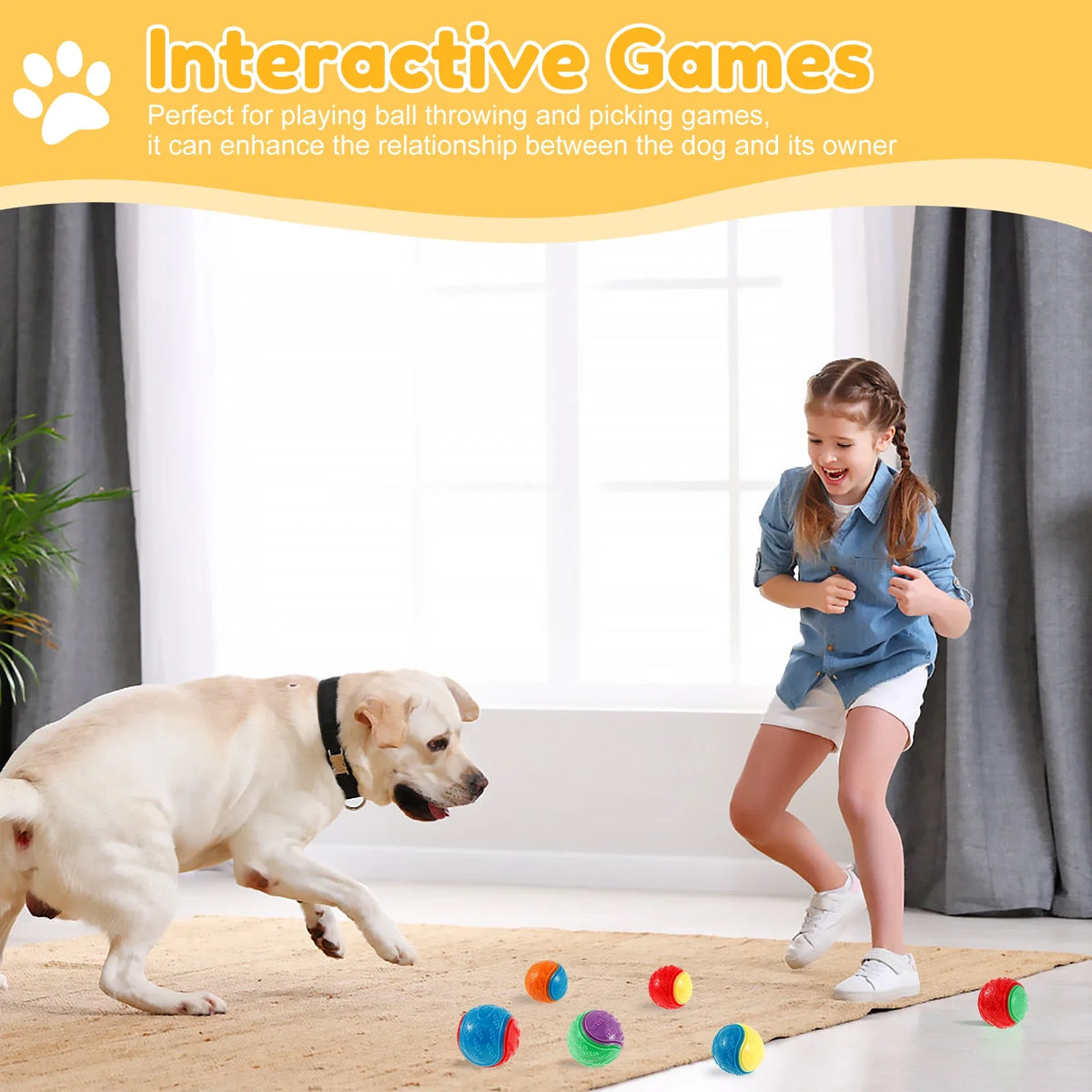 A young girl is playing with a dog and squeaky chew balls indoors.