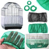 A breathable nylon mesh bird cage cover shown in various forms, including a full cover and hand-fitted pieces.