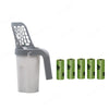 A gray heavy duty cat litter shovel with a refill bag and several green litter pellets.