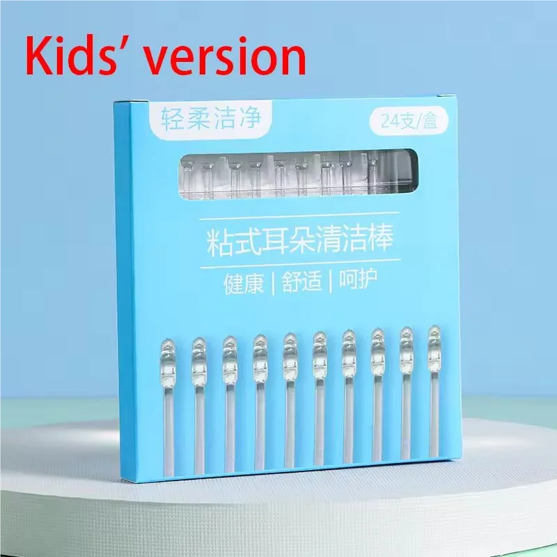 Una caja de hisopos reutilizables para limpiar los oídos de los niños, mostrando varios hisopos plásticos transparentes.