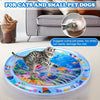 Tapis en plastique bleu et coloré pour jouer avec les chats, montré à côté d'un canapé et un gros plan sur une patte de chat.