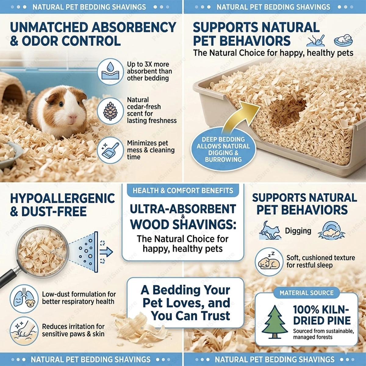 A collection of natural pet bedding shavings and wood chips for small rodents.