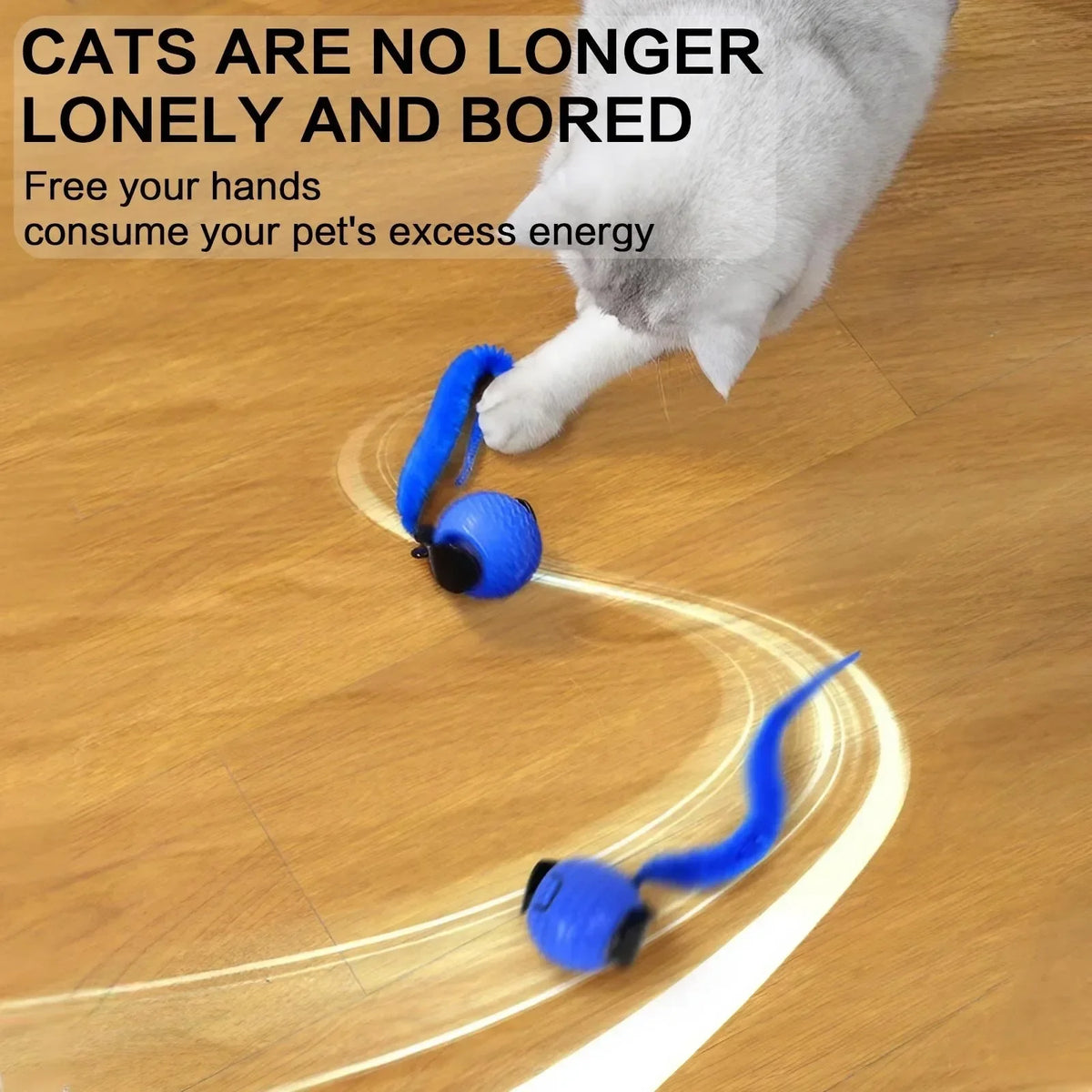 A blue automatic rotating LED pet toy is shown moving across a wooden floor.