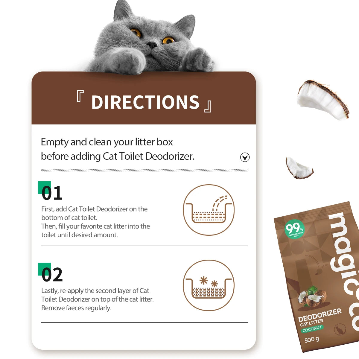 Instructions for using Cat Toilet Deodorizer powder, showing steps to add and apply the product.