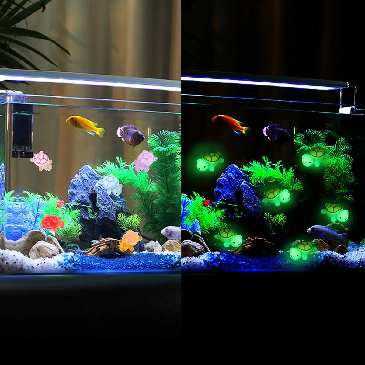A split image showing luminous resin turtle ornaments swimming in a glass aquarium with aquatic plants and rocks.