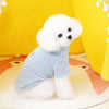 Un caniche blanco vistiendo un suéter de invierno de peluche azul claro, sentado en una alfombra naranja.
