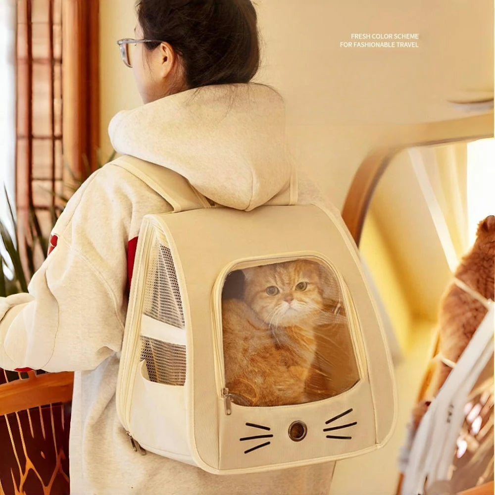 Eine Person trägt einen beige gefärbten Rucksackträger für Katzen mit einem Fenster zum Anschauen des Tieres.