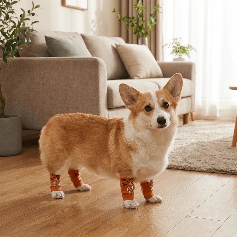 A light brown and white dog standing on a wooden floor wearing orange knee pads.
