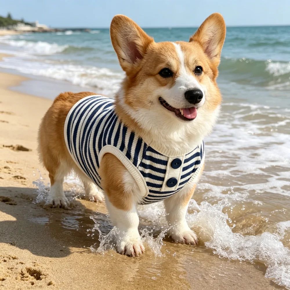 A happy Shiba Inu dog wearing a navy and white striped knitted vest running along the wet beach shore.