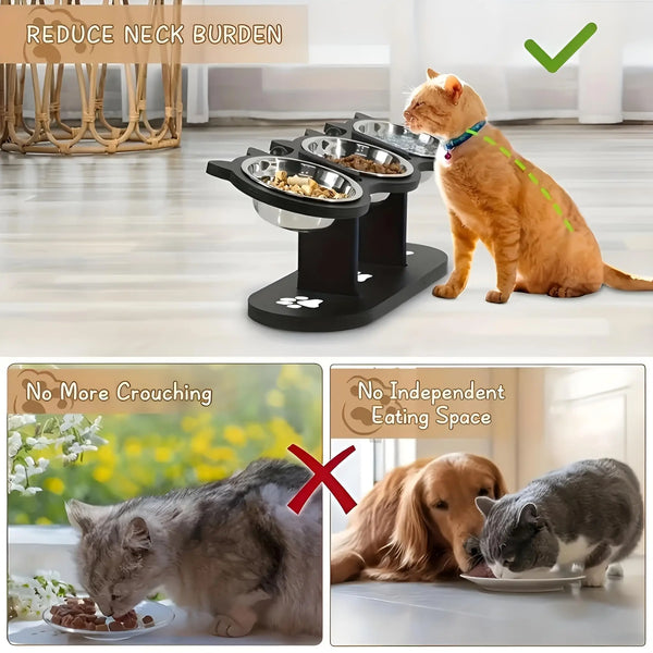 An adjustable elevated cat feeding bowl is shown with a cat eating from it, demonstrating reduced neck burden and no crouchin