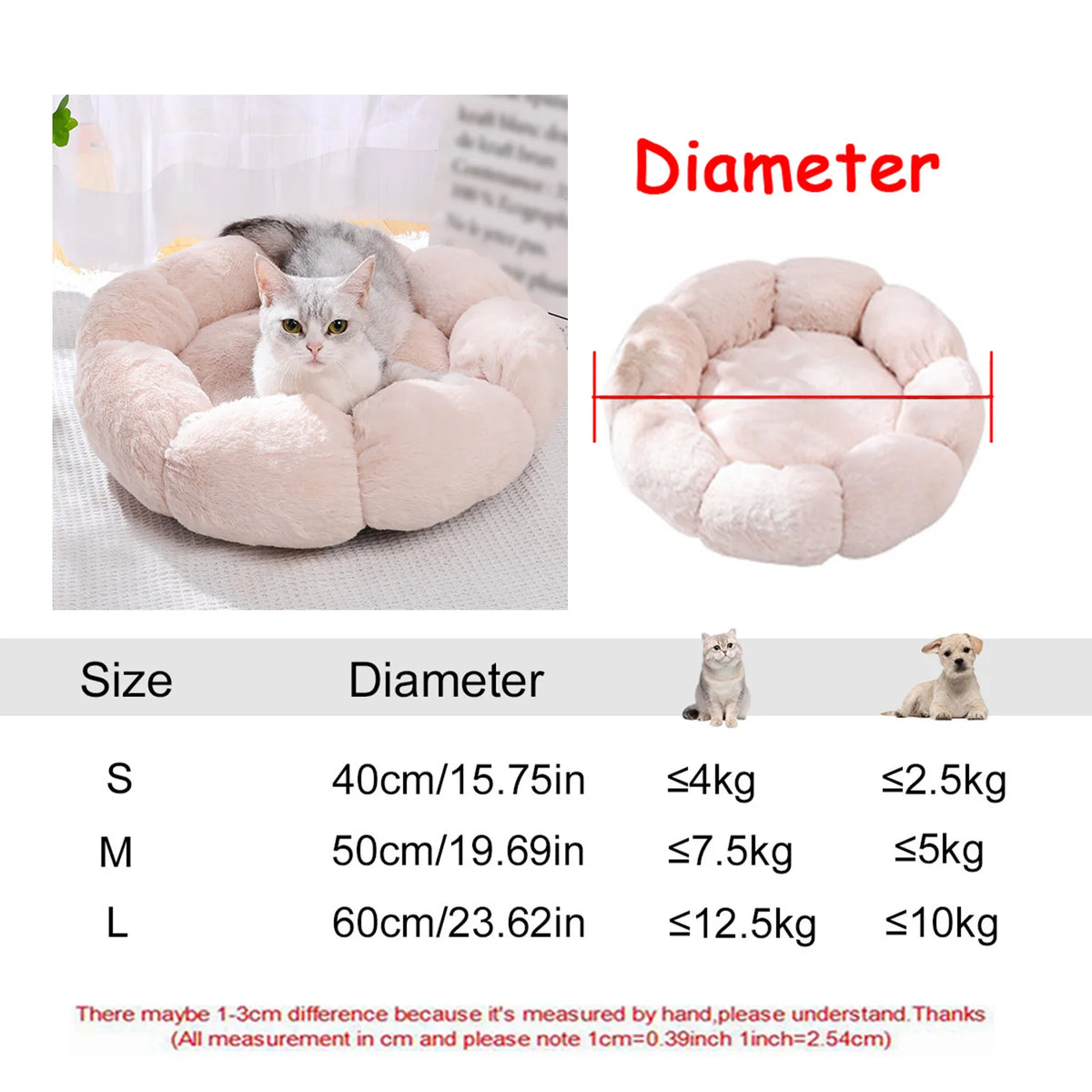 A pink plush round pet bed for cats and dogs shown in various sizes.