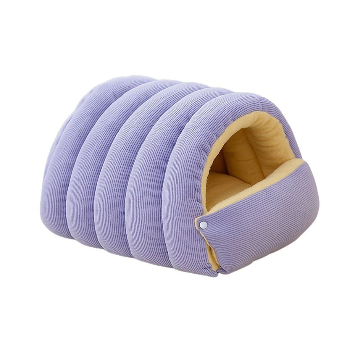 A purple plush cat cave bed with a removable beige cover, shown from the side.