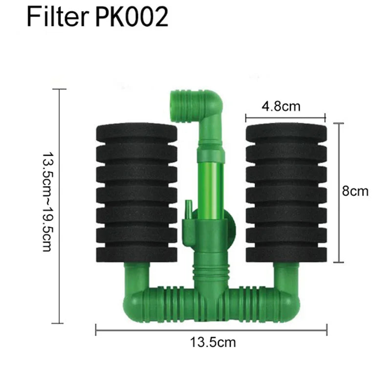 Un filtre éponge biochimique vert avec des composants cylindriques noirs et une sortie filetée.