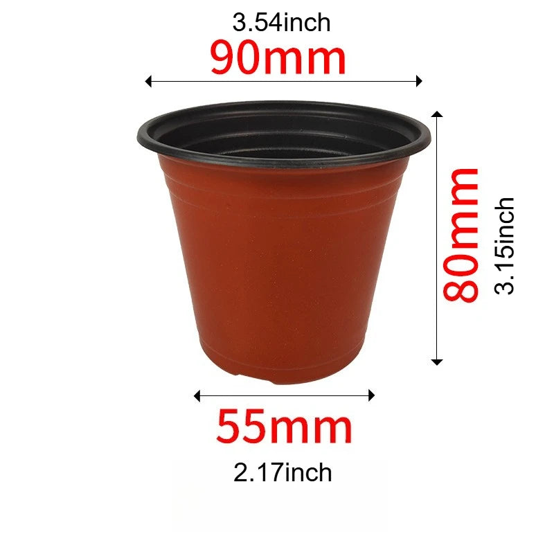 A terracotta-colored plastic nursery pot with dimensions 3.54 inches by 80mm and a diameter of 55mm.