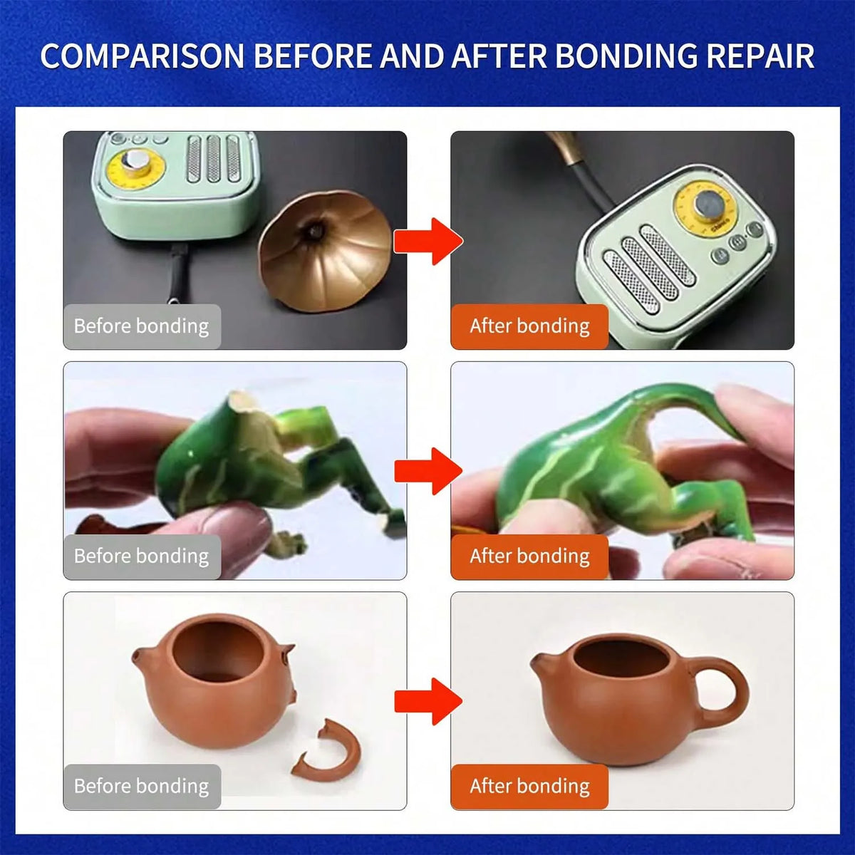 Comparaison avant et après la réparation par collage à super glue cyanoacrylate de divers objets.
