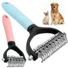A black stainless steel pet grooming comb with a pink handle is shown next to two pets.
