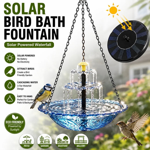 Solarbetriebener Vogelbadbrunnen mit mehrstufigem Wasserfalldesign, hängt an einer Kette.