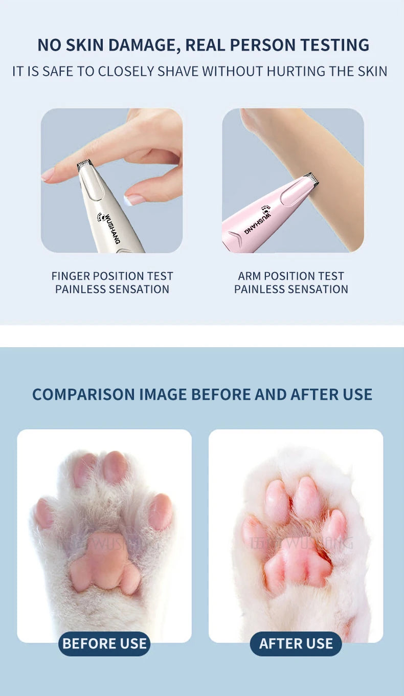 Close-up images showing finger and arm testing for painless sensation, and before and after use of a pet grooming trimmer.