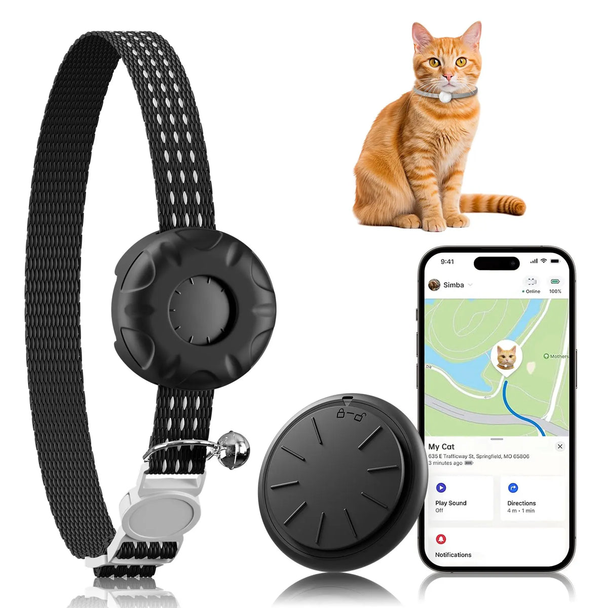 A black waterproof GPS pet tracker collar is shown next to an orange cat and an iPhone displaying the tracking app.