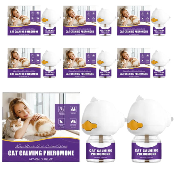A white cat calming pheromone diffuser device shown with various usage contexts and packaging.