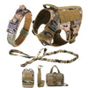 A tactical dog harness with a collar and MOLLE pouches shown in various configurations.