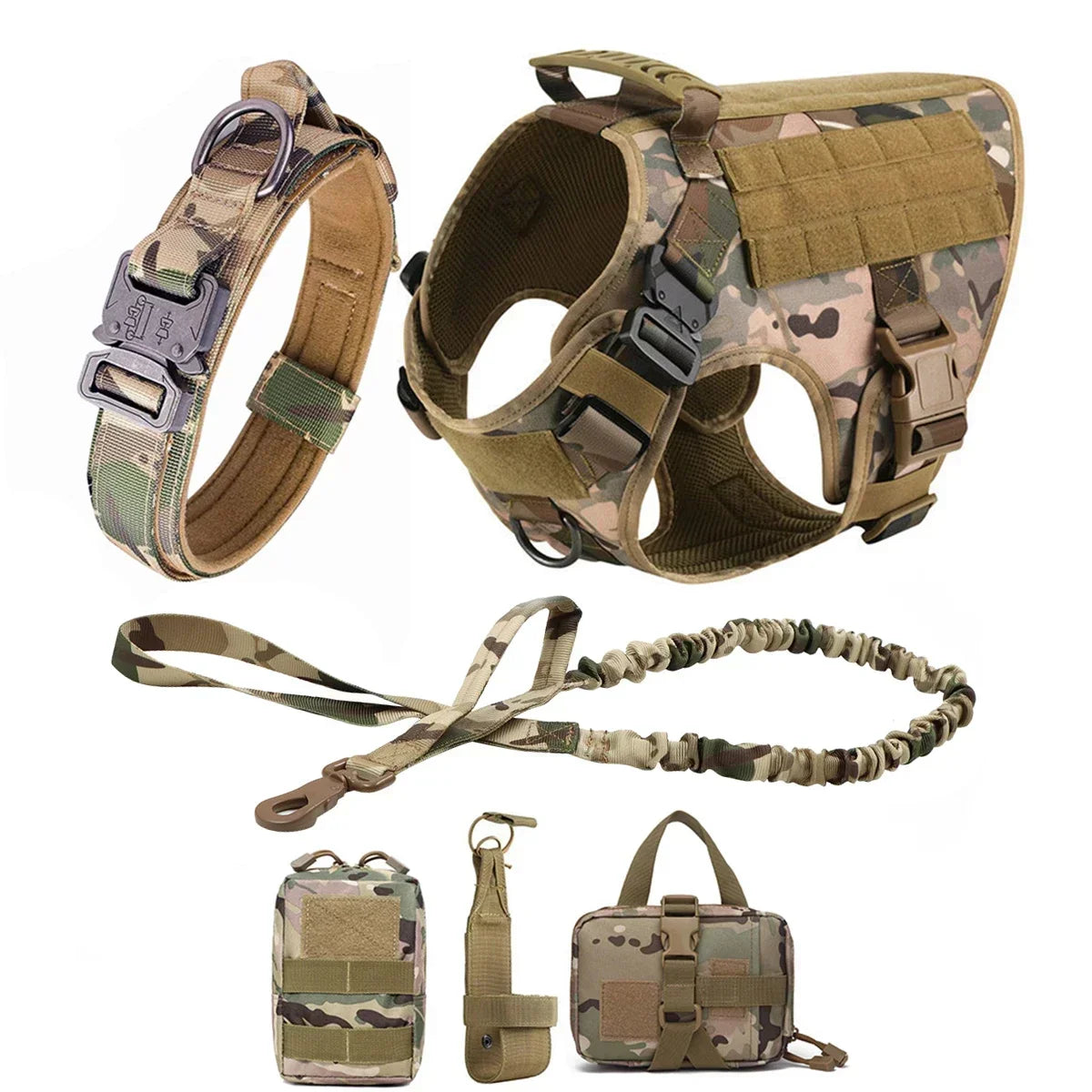 A tactical dog harness with a collar and MOLLE pouches shown in various configurations.