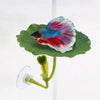 Un vibrant poisson combattant aux nageoires bleues, roses et rouges est exposé sur une feuille de lotus verte.