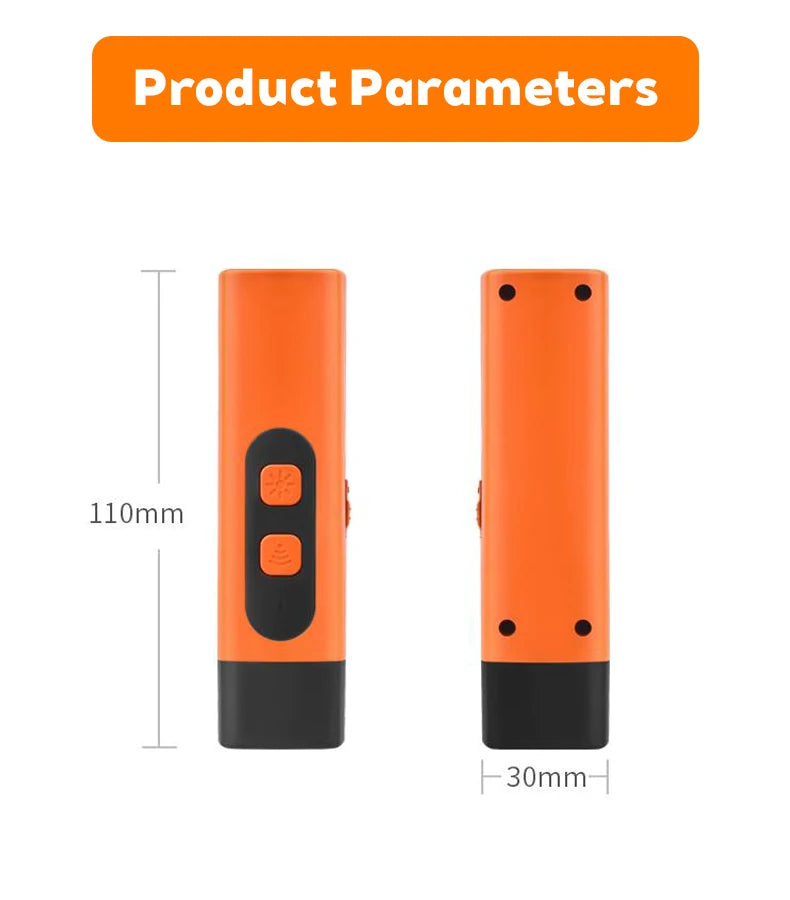 Orange ultrasonic dog bark deterrent training device shown with dimensions 110mm and 30mm