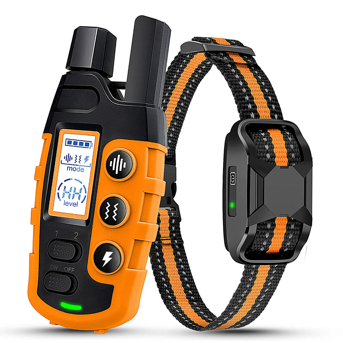 Orange elektrische Hundetrainingshalter mit schwarzem Gehäuse und orangefarbenem, gemustertem Gurt.