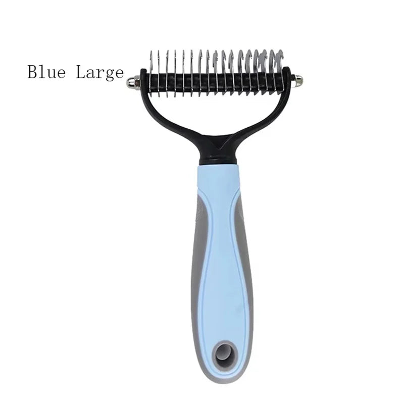 Blue Large stainless steel pet hair remover comb with a light blue handle