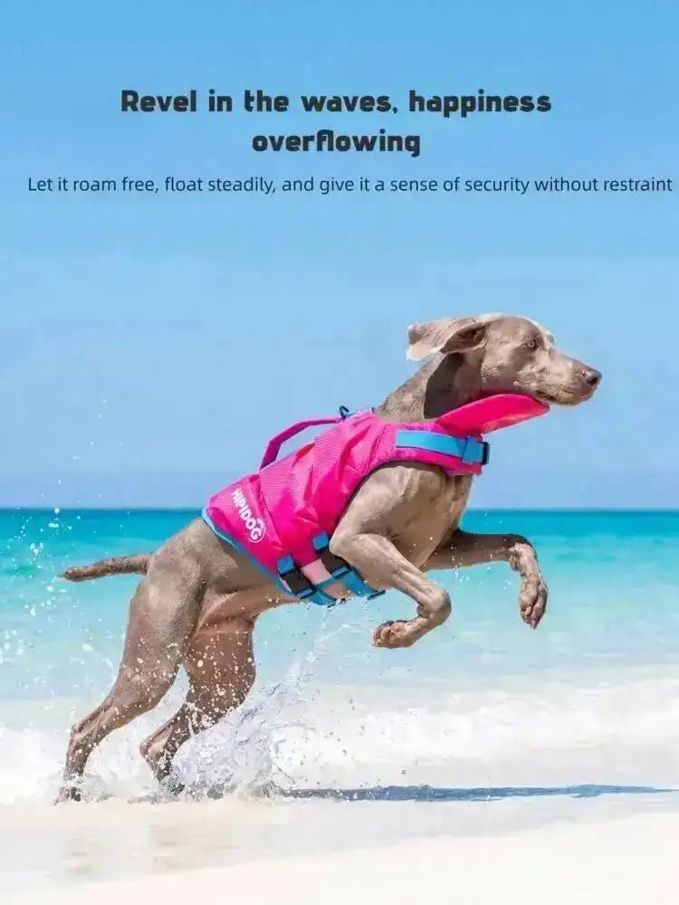 A happy dog wearing a pink life jacket is leaping in clear blue ocean water.