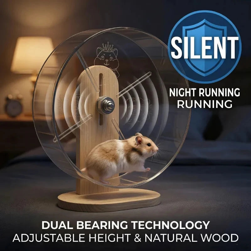 A hamster is running on a clear glass wheel mounted on a wooden stand, demonstrating dual bearing technology and adjustable h