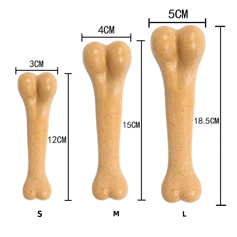 Three sizes of natural wood chew toys for dogs labeled S, M, and L showing their dimensions.