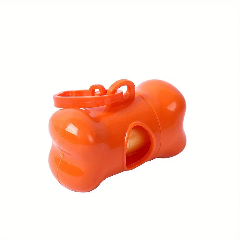 An orange bone-shaped pet poop bags dispenser.