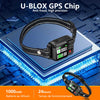 A black U-blox GPS chip attached to a strap is displayed on a blue circuit board with digital background graphics.